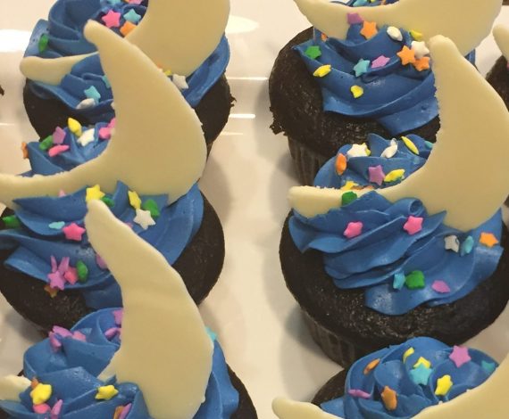 Chocolate Cupcakes with Blue Vanilla Buttercream and Chocolate Moons